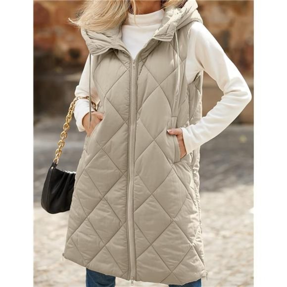 Women's Sleeveless Quilted Long Puffer Vest Hooded Full Zip Jacket Coat - Picture 4 of 7